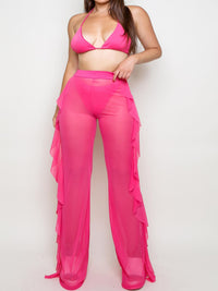 Sexy Halter Bikini Top & Ruffles Side Sheer Mesh Pants Cover Up Set