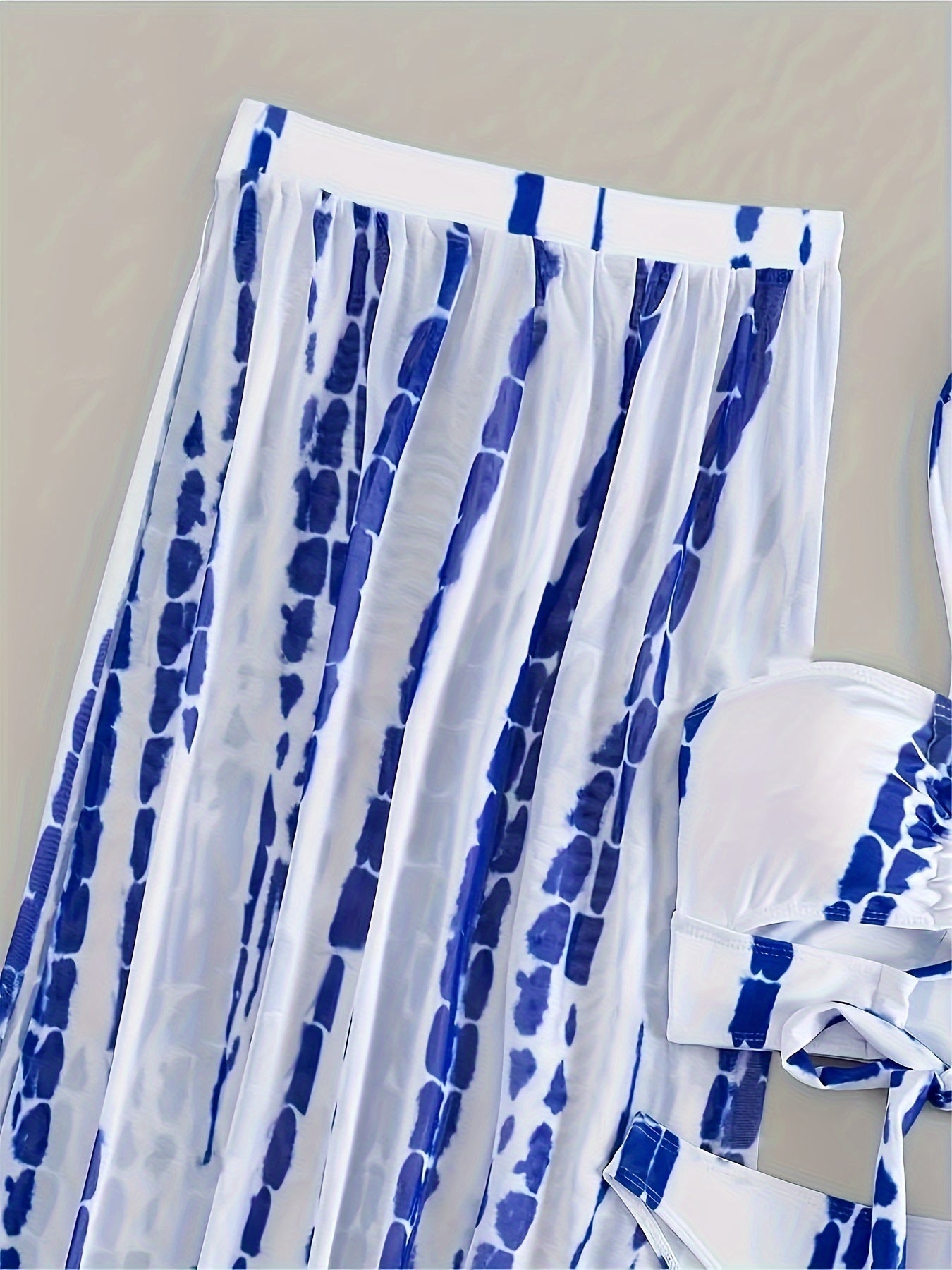 Elegant Blue & White Printed 3 Piece Bikini and Cover Up Skirt Set