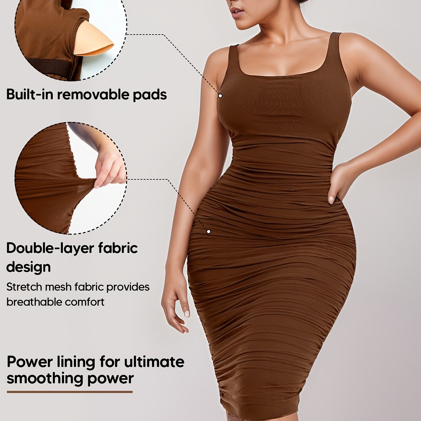 Beautiful Women's Knit Fabric, Pleated Design, Invisible Side Zip, Light Support, Pullover Style Shapewear Dress