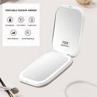 10X/1X Magnification LED Compact Travel Makeup Mirror With Light, Rechargeable, Adjustable Brightness, 2-Sided, Folding, Handheld