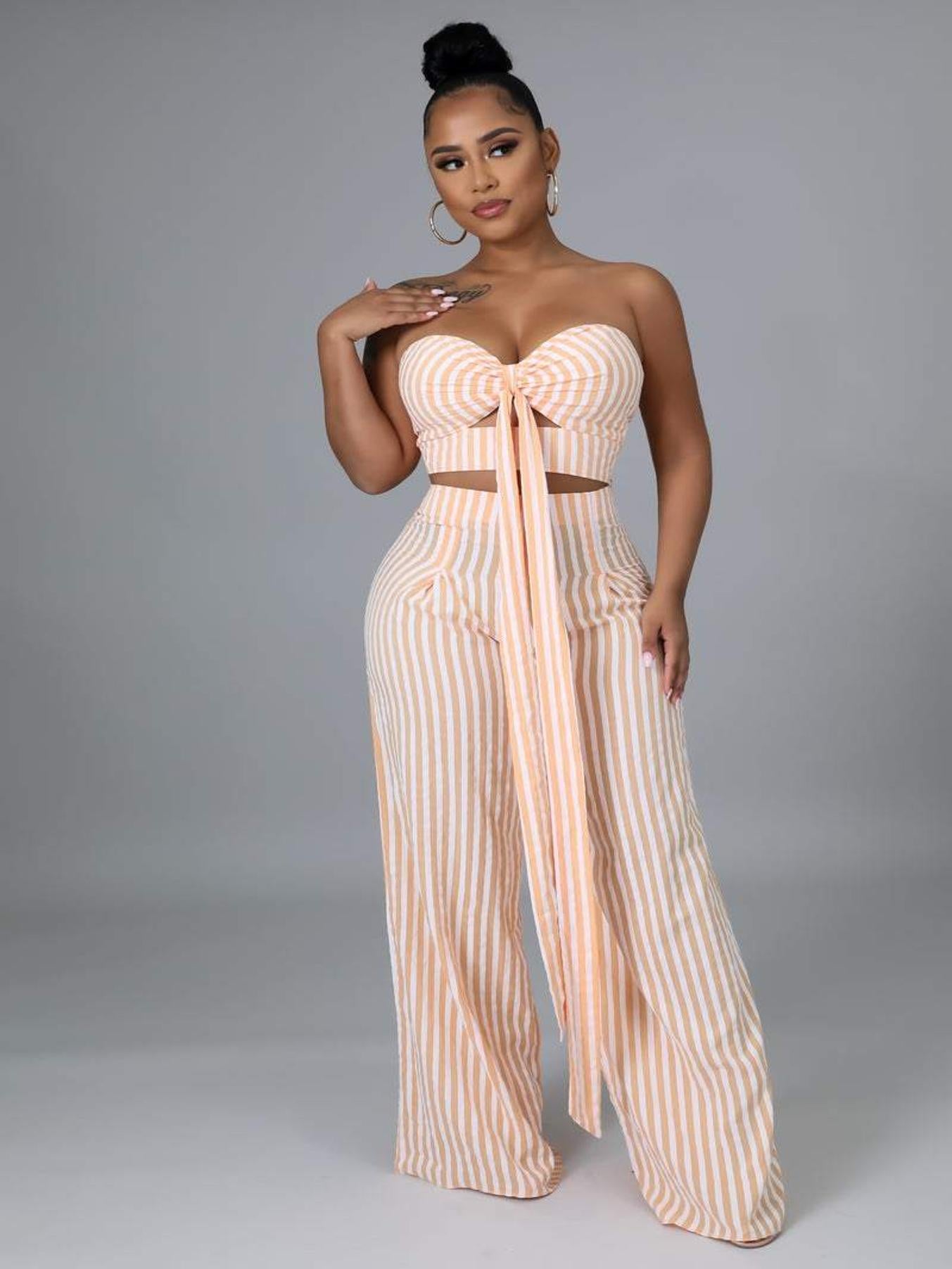 Sexy Striped Tube Top & Wide Leg Pants Set