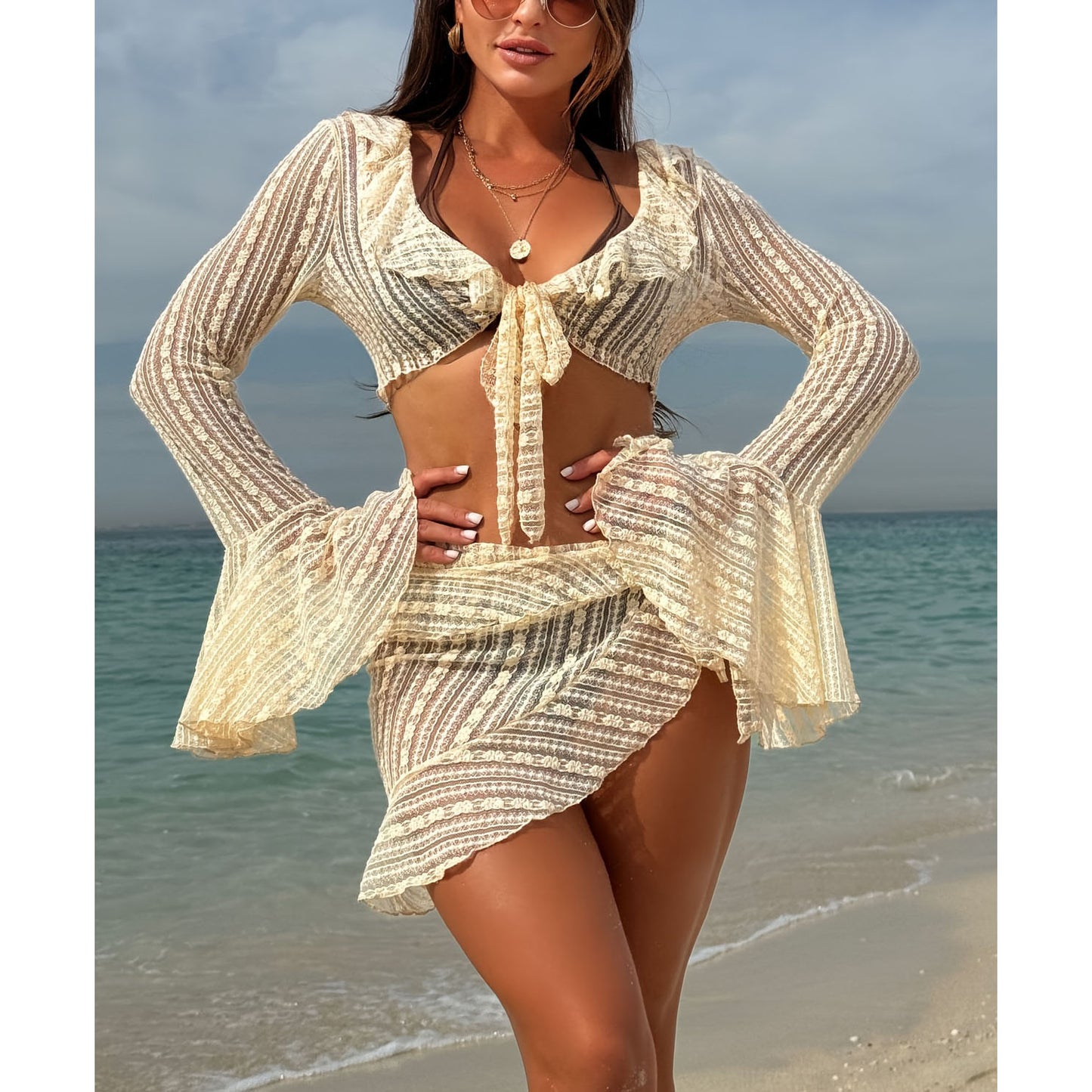 Chic 4pcs Women's Lace Long Sleeve Crop Top, Tie-Front Bikini & Wrap Mini Skirt Swimsuit Set