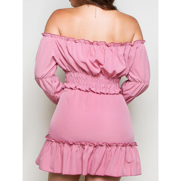 Casual Pink Ruffle Summer Long Sleeve Off Shoulder Top & Mini Skirt Set