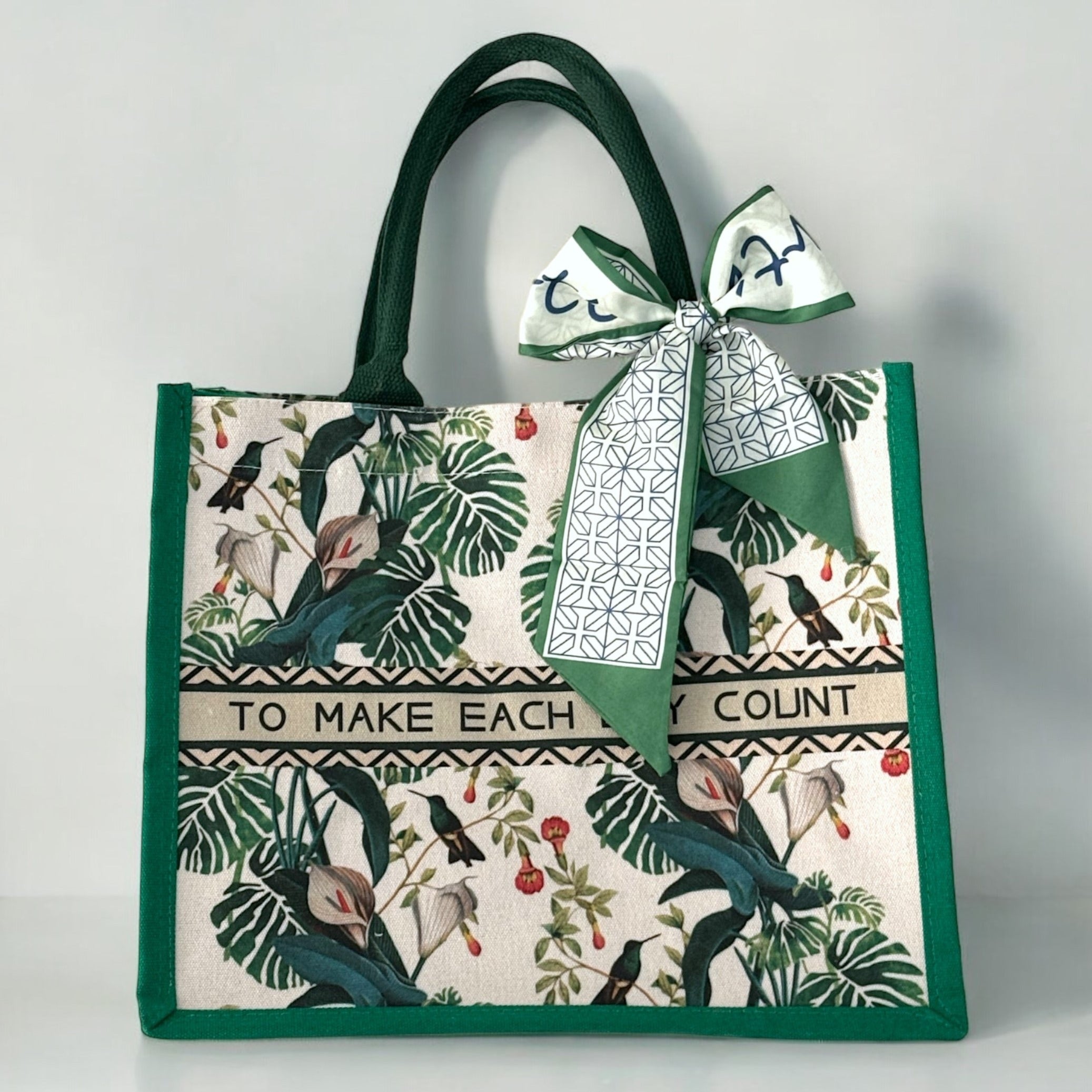 Summer Green Designer Print Canvas Tote Bag with Silk Scarf