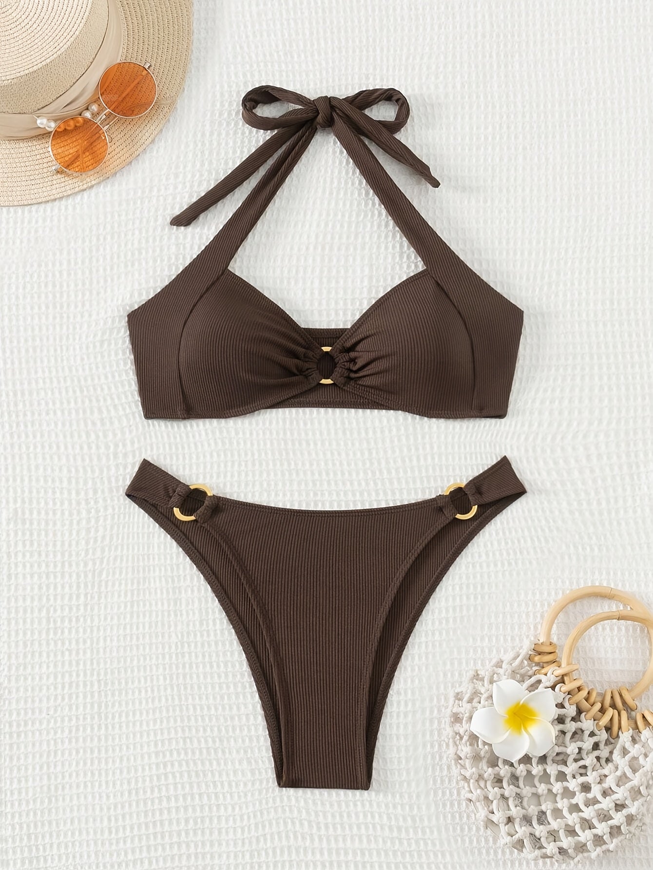 Sexy Brown Split Women's Solid Color Bikini Swimsuit