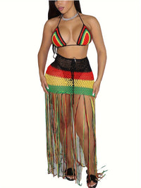 Sexy 2 Piece Rastafarian Color Striped Print Crochet Knit Bikini Top And Tassel Maxi Skirt Coverup Set