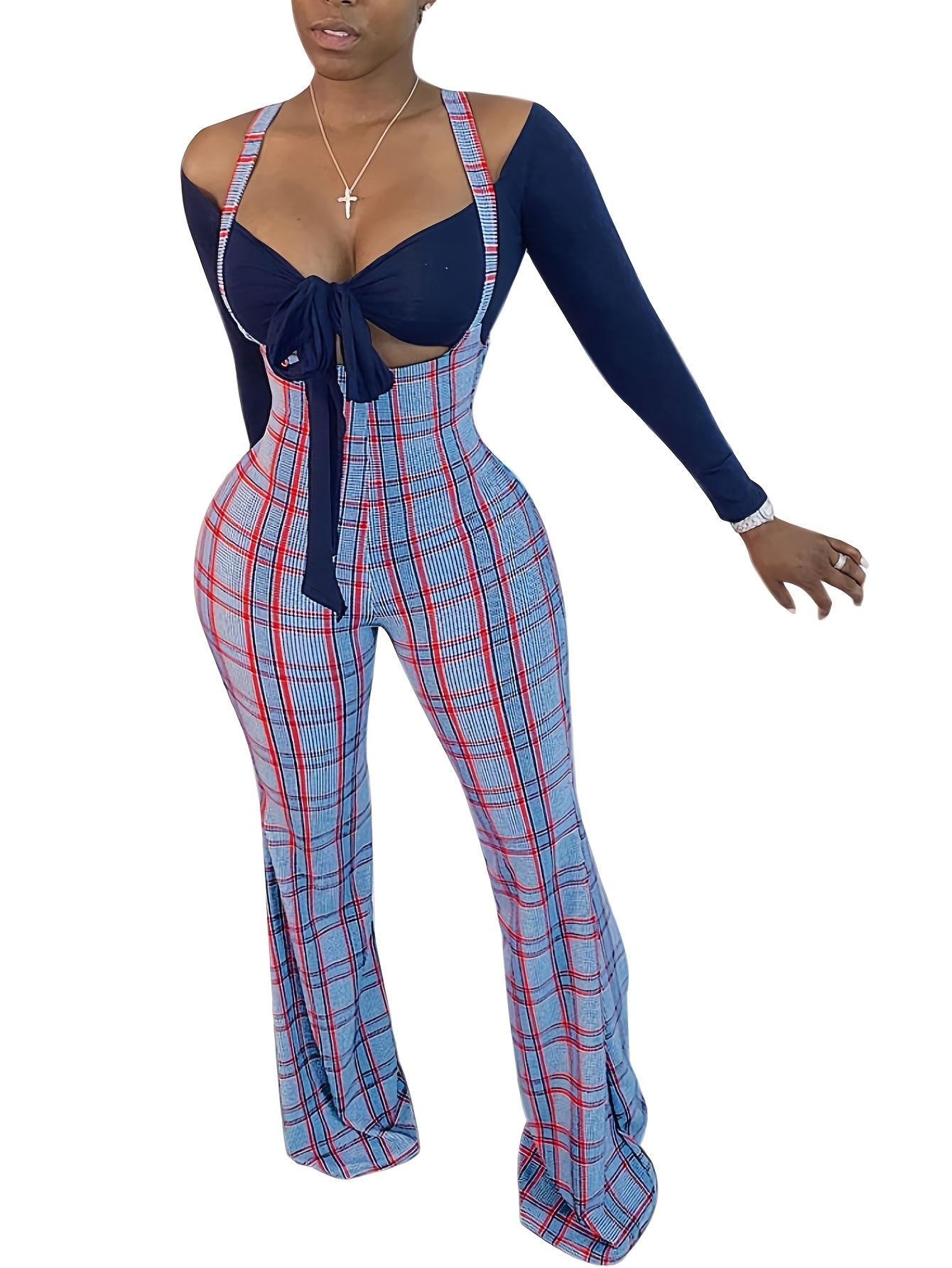 Womens Sexy Off Shoulder Tie Crop Top Plaid Print Bell Pants Suspenders Set 2pcs Outfits Jumpsuits Overalls