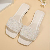 Classic Women's Rhinestone Fashion Square Open Toe Flat Bottom Slide Sandals