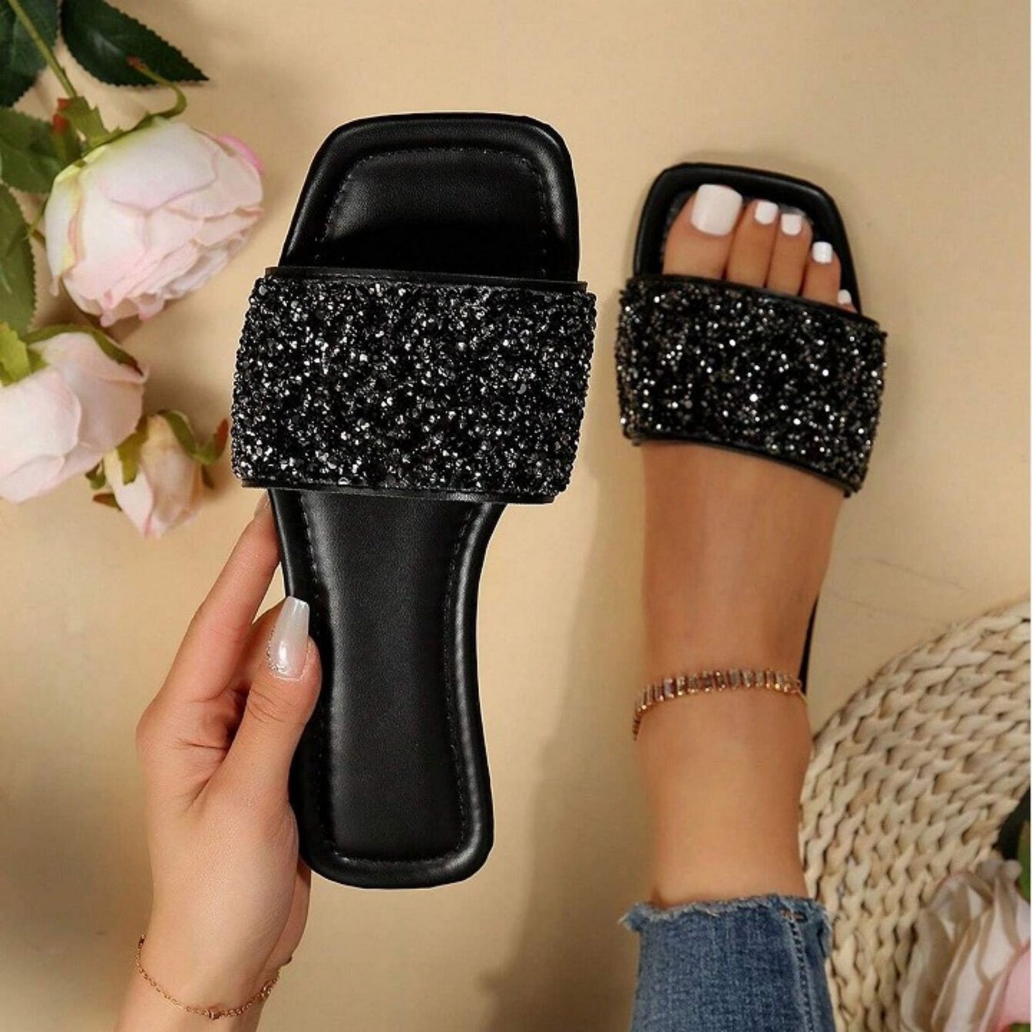 Classic Women's Rhinestone Fashion Square Open Toe Flat Bottom Slide Sandals