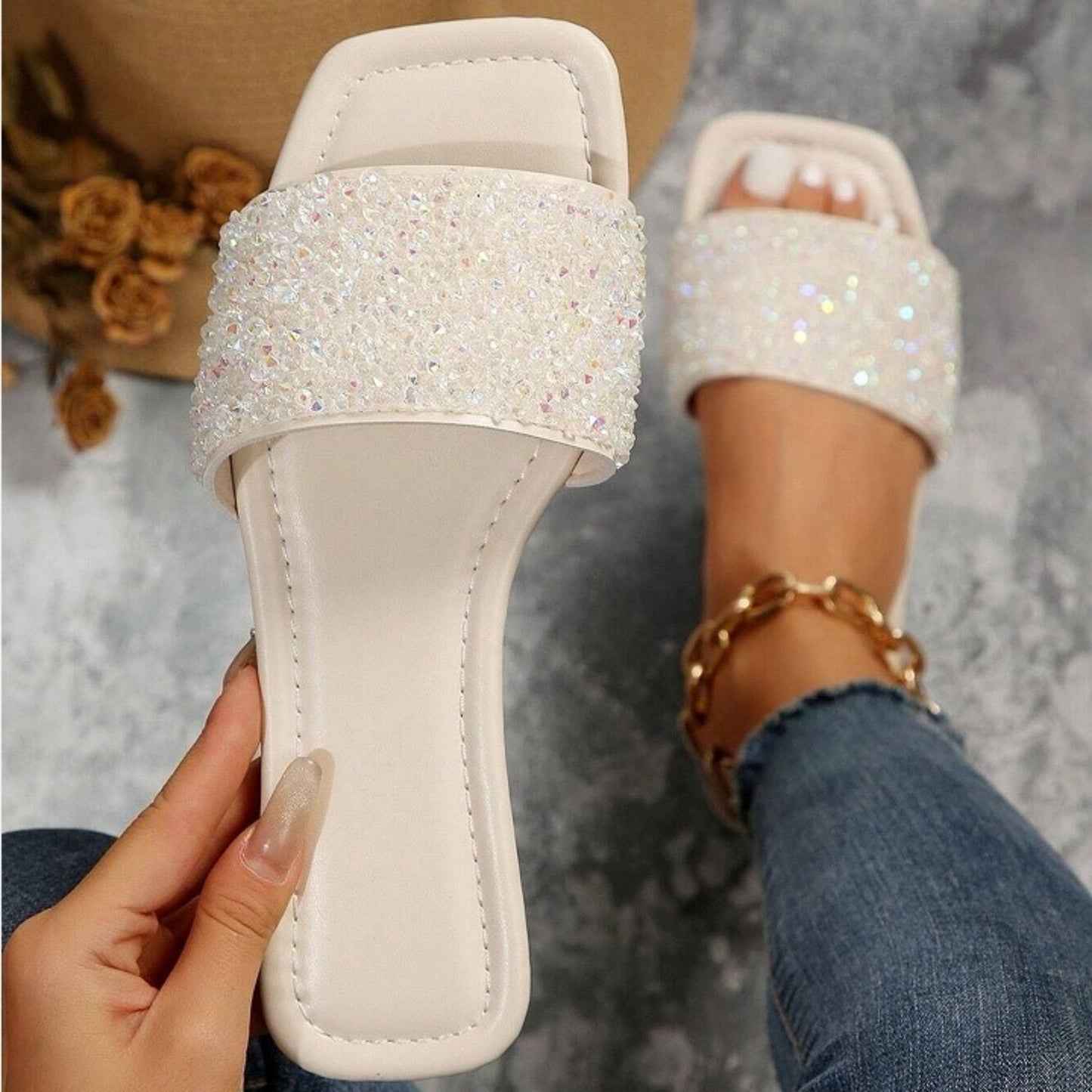 Classic Women's Rhinestone Fashion Square Open Toe Flat Bottom Slide Sandals