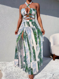 Elegant Women's 3 Piece Tropical Plants Print Crisscross Halter Bra, Bikini and Cover Up Wrap Skirt Swimsuit Set