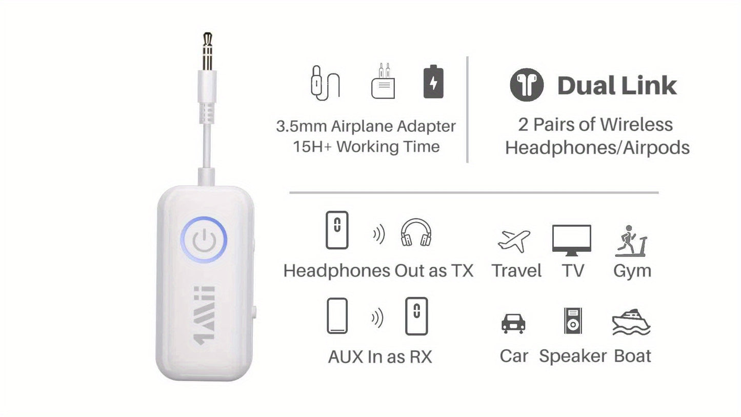 Wireless 5.3 Dual Link Audio Transmitter Receiver for 2 Headphones/AirPods, aptX Low Latency/HD/AptX Adaptive, 3.5mm Aux Wireless Adapter