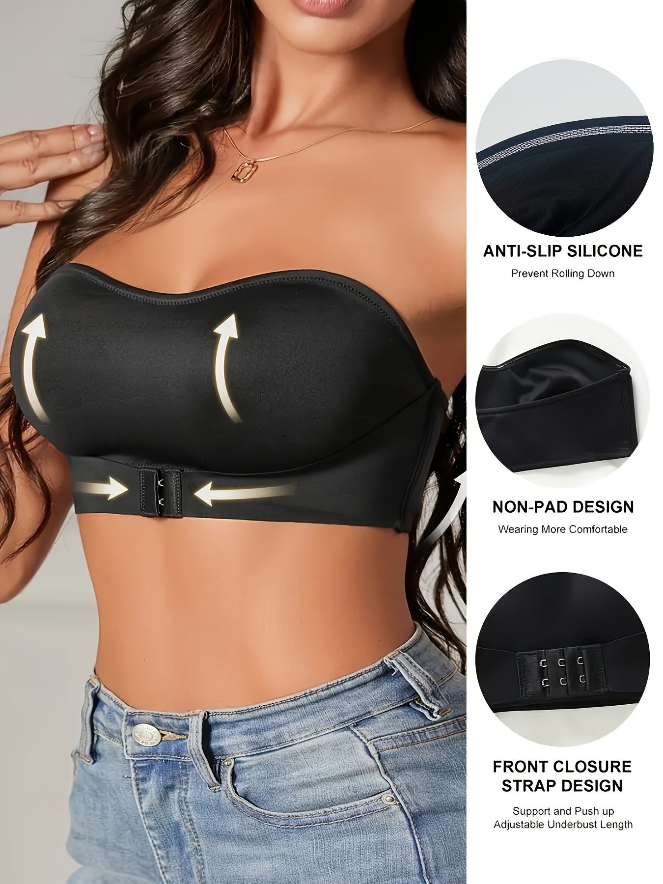 2 Pcs Ultra Comfy Seamless Solid Front Closure Strapless Wireless Bandeaus Push-Up Bra Set