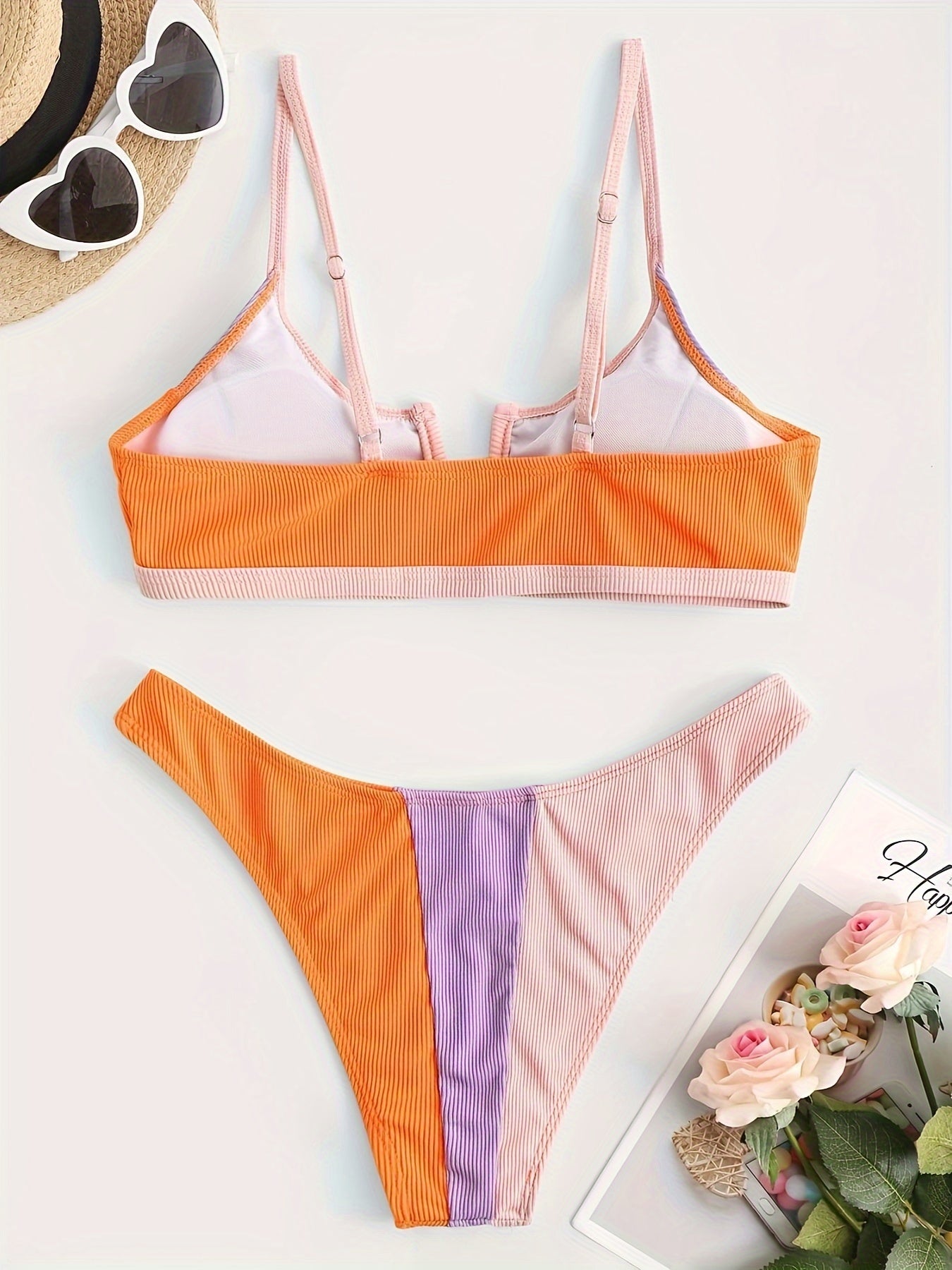 Sexy Contrast Color V Neck Rib-Knit High Cut Bikini Swimsuit