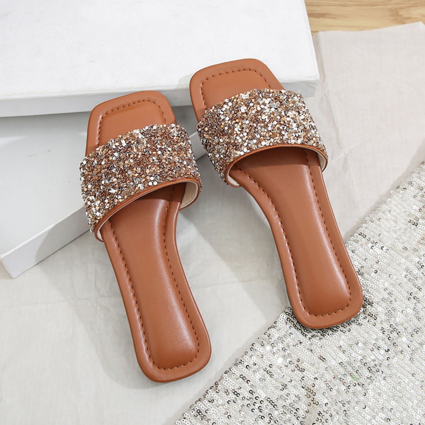 Classic Women's Rhinestone Fashion Square Open Toe Flat Bottom Slide Sandals