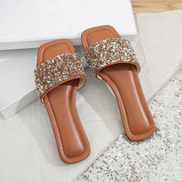 Classic Women's Rhinestone Fashion Square Open Toe Flat Bottom Slide Sandals