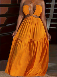 Sexy Plus Size Hollow Out Cross Halter Tied Backless Maxi Dress