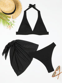 Versatile Sexy 3pcs Halter Triangle, Thong Bikini and Cover Up Wrap Skirt Beach Set