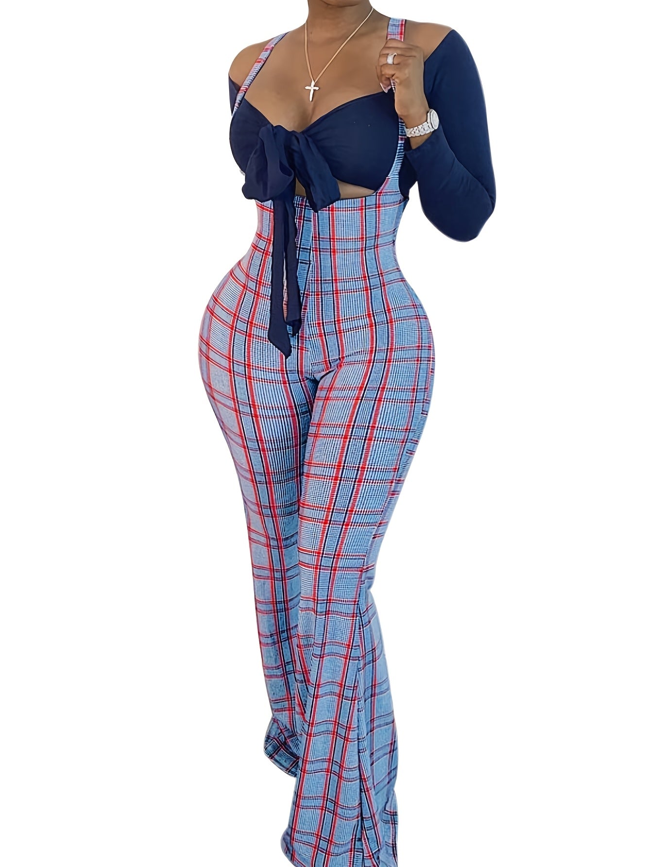 Womens Sexy Off Shoulder Tie Crop Top Plaid Print Bell Pants Suspenders Set 2pcs Outfits Jumpsuits Overalls