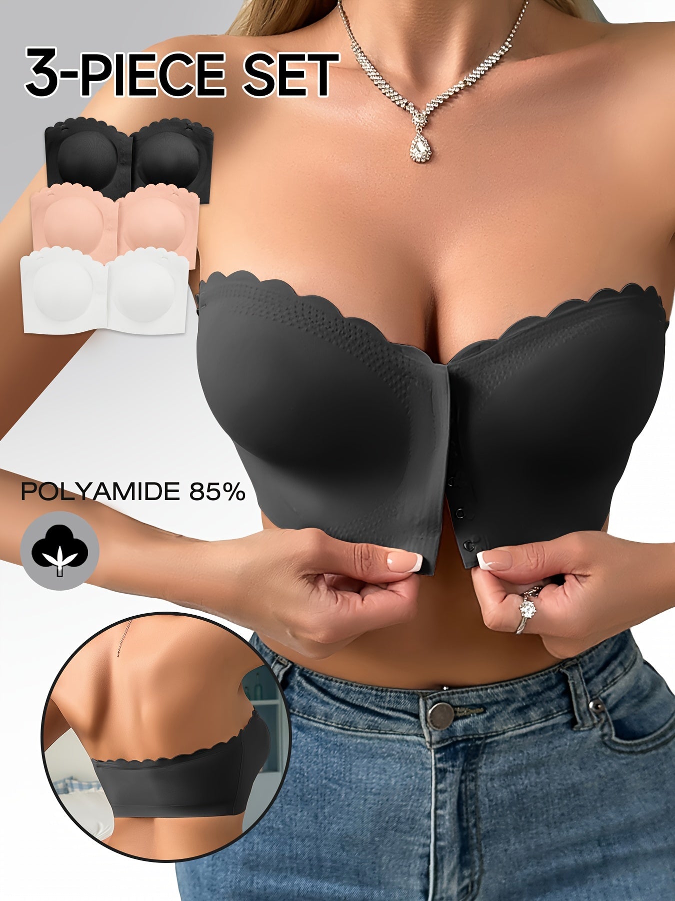 3 Pieces Multi-Colored Front Buckle Strapless Invisible Wrap Bra