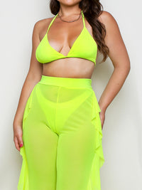 Sexy Halter Bikini Top & Ruffles Side Sheer Mesh Pants Cover Up Set