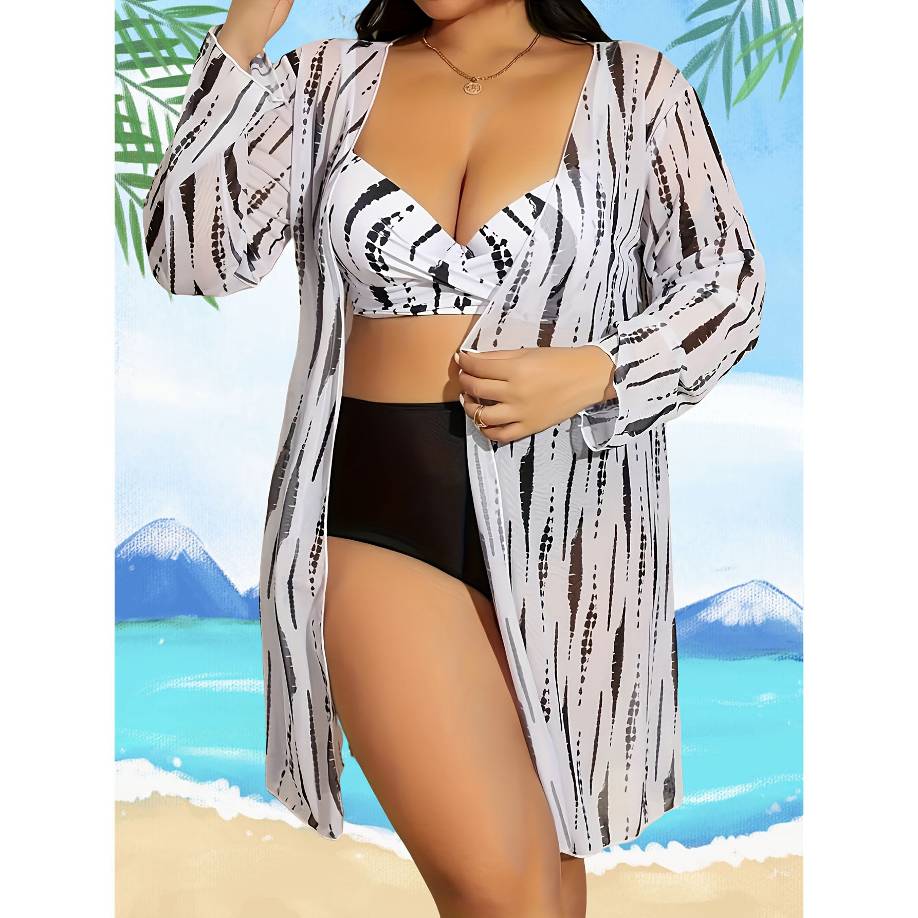 Beautiful Plus Size Boho 3 Piece Tie Dye Striped Cross Front Bra, Bikini & Open Front Cover Up Swimwear Set