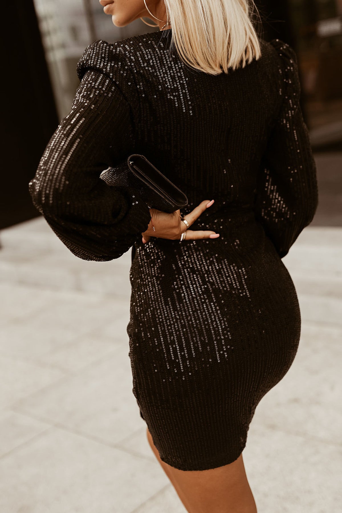 Elegant Black Sequin V Neck Draped Bodycon Dress