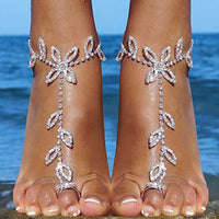Cute Summer - 2Pcs Rhinestone Leaf Hand or Anklet Chain Set