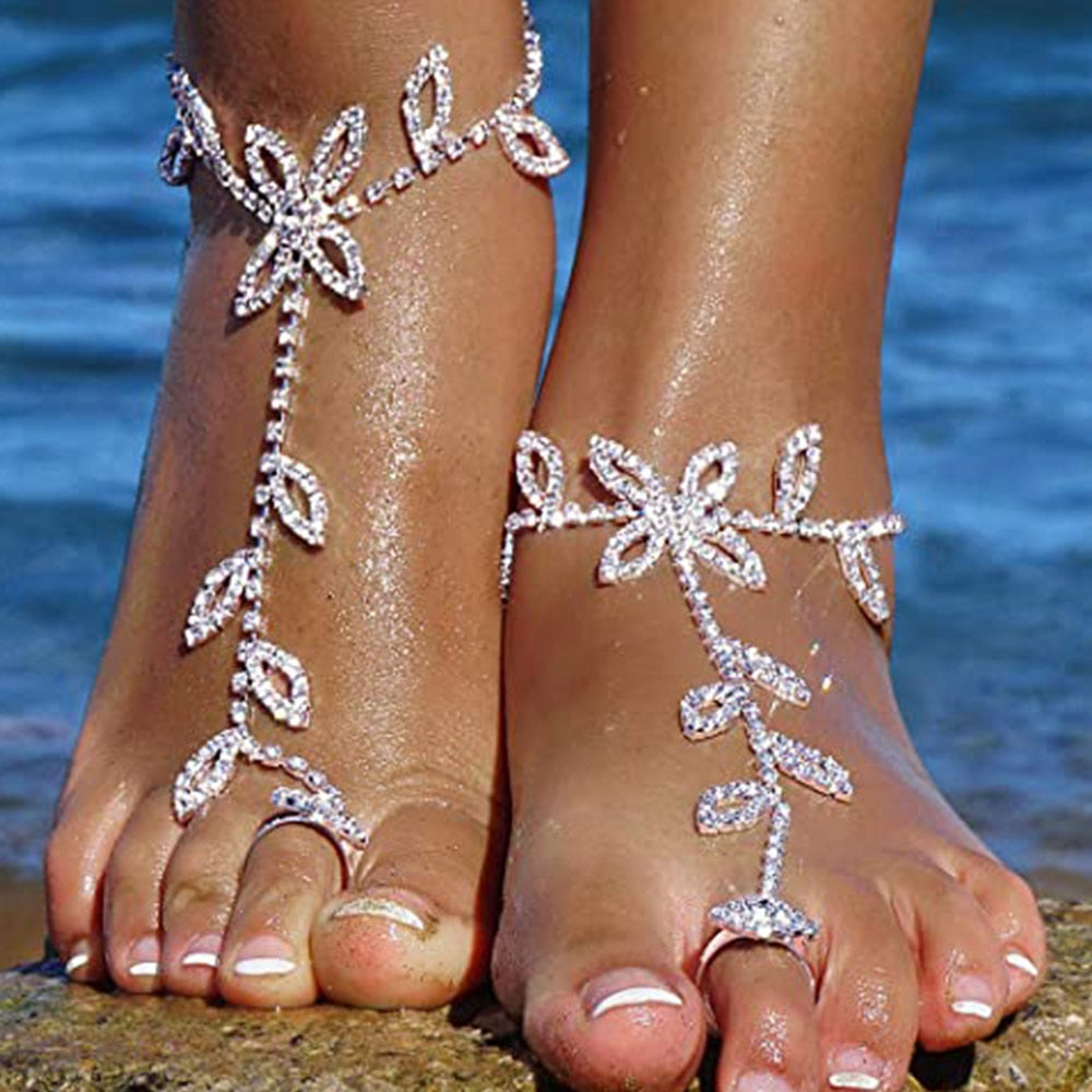 Cute Summer - 2Pcs Rhinestone Leaf Hand or Anklet Chain Set