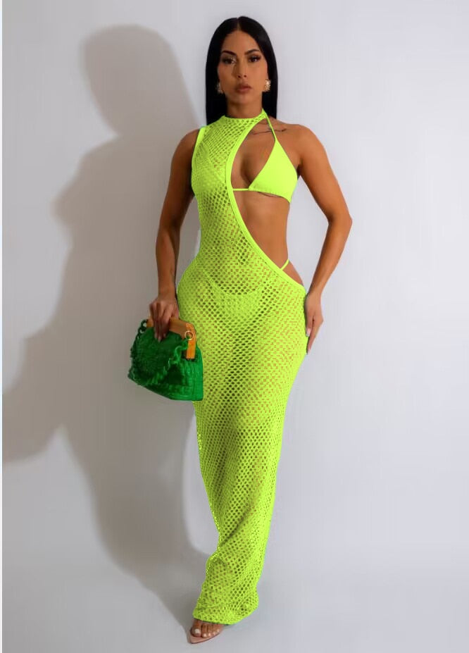 Sexy 3 Piece Lace Up Bikini & Long Cut-Out Fishnet Dress Set