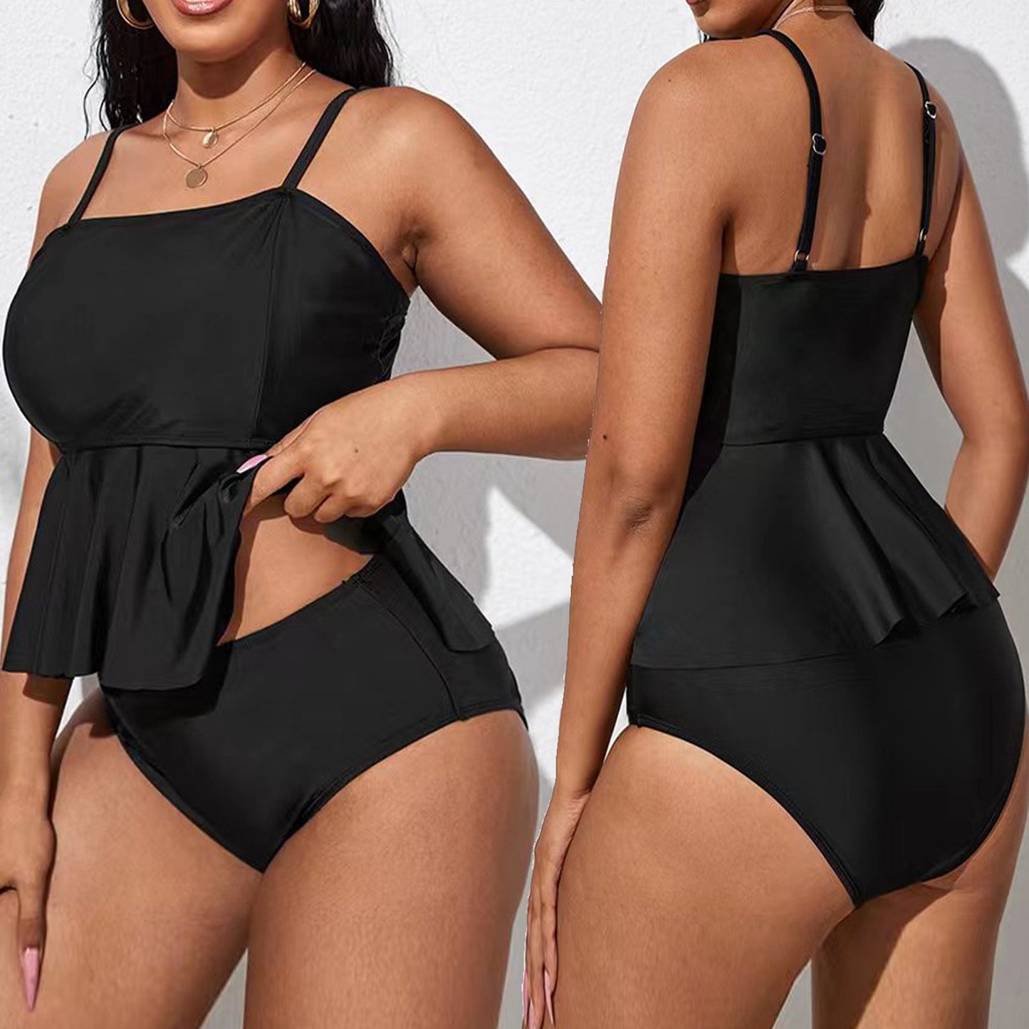 Ráela - Classic Plus Size Split Black Ruffle Tankini Swimsuit