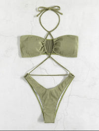 Kate - Sexy Ribbed Green Hollow Out Cross Backless Monokini