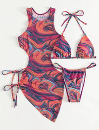 Annise - Sexy 3 Piece Print Mesh Swimsuit Coverup Dress & Bikini Set