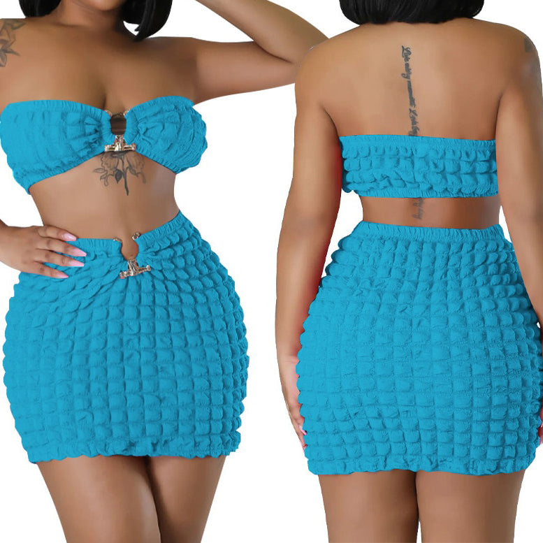 Sexy Seersucker Popcorn Strapless Crop Top & Bodycon Mini Skirt Set