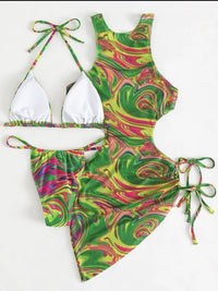 Annise - Sexy 3 Piece Print Mesh Swimsuit Coverup Dress & Bikini Set