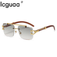 Retro Wood Gold Lion Accent Square Unisex Sunglasses